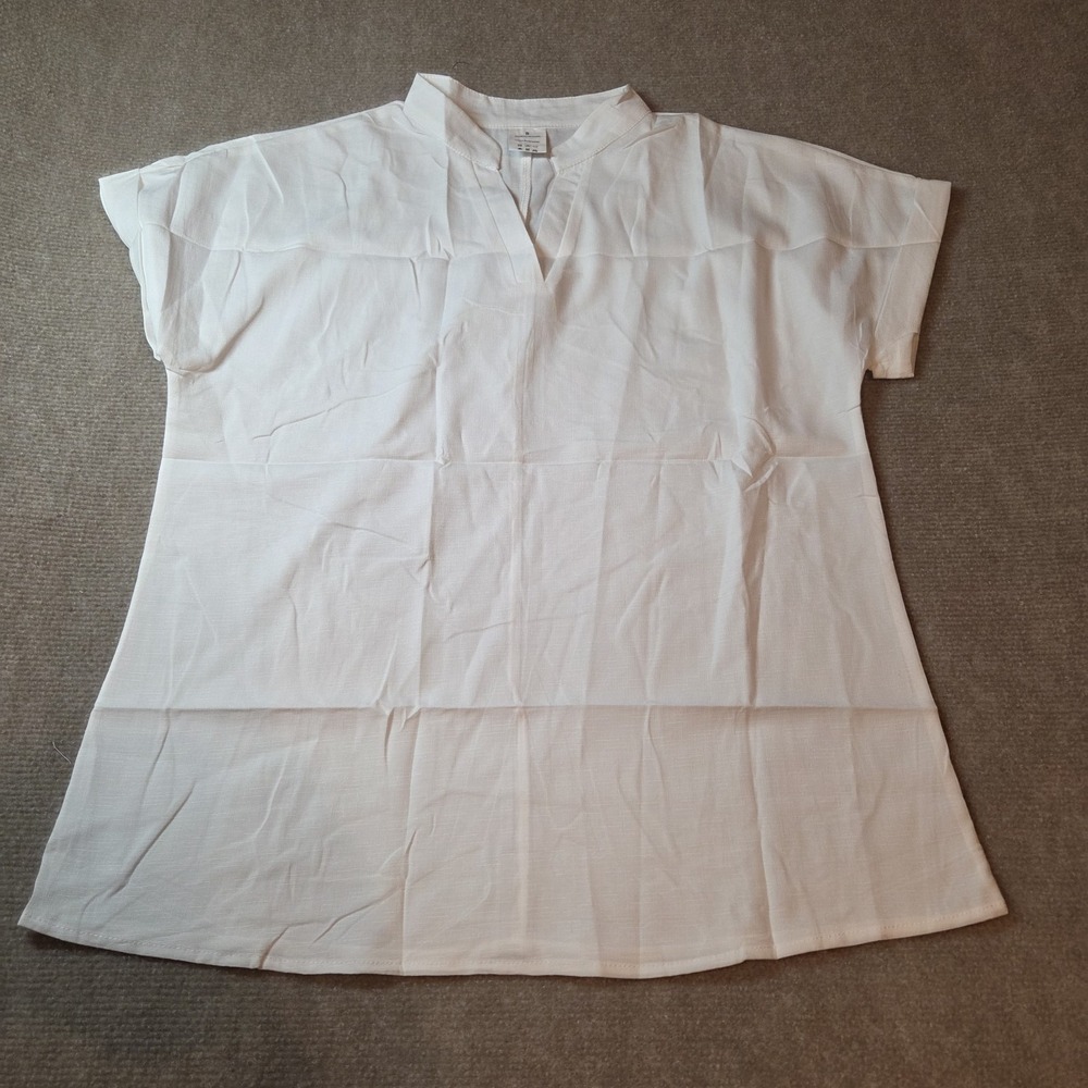 BATHRINS S Short Sleeve V-Neck Pullover Top White 100% Polyester CT0043